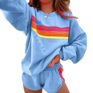 Women's Comfy Striped Accent Pullover and Shorts Two Piece Casual Set Pajamas Set Family Pajama Set Cotton Fabric Loungewear • Blue Long Sleeve