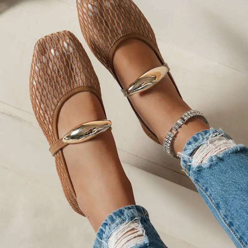 Women's Elegant Mary Jane Style Shoes, Breathable Mesh Design, Metal Decoration Details, Square Toe, Medium Width, All Seasons