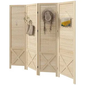 5.7 ft 4 panel natural wooden room divider with pegboard display folding privacy screen for home office bedroom studio use, Four-Panel Room Dividers, Privacy Room Dividers