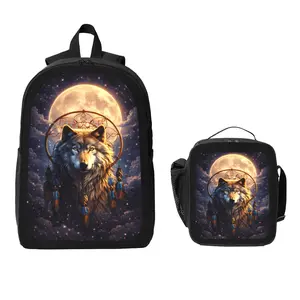 Starry Sky Dreamy Wolf Backpack and Lunch Bag Set Bundle Large Capacity Backpack with Insulated Lunch Tote Lightweight Durable Multi Pocket Design Comfortable Shoulder Straps Travel Daily Use Organizer Stylish Matching Set Unisex