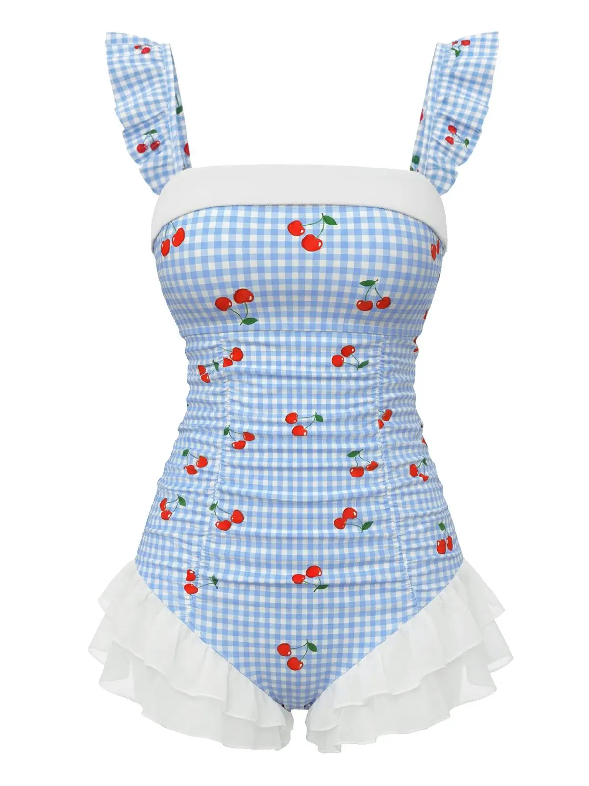 Blue 1950s Cherry Plaid Ruffled Mesh One-Piece Swimsuitvacation swimwear for women cute summer outfits Stylish Bathing Suit Swimdress Bathing Suit
