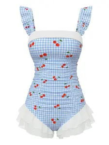 Blue 1950s Cherry Plaid Ruffled Mesh One-Piece Swimsuit