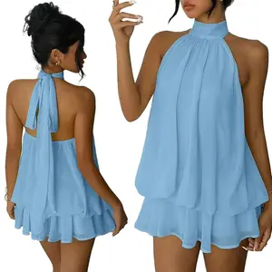 Women's Elegant Chiffon Halter Neck Tie Mini Dress - Solid Butter Yellow Summer Dresses for Wedding Guest, Evening Party, Date Night & Vacation