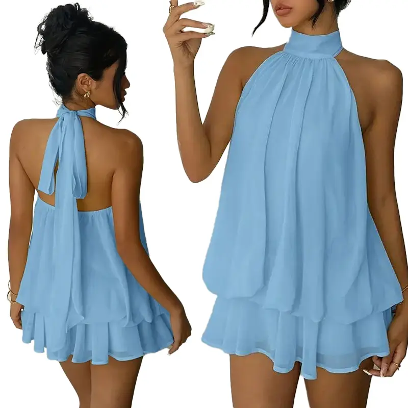 Lady's Sleeveless Baby Blue Halter-Backless Tie-Neck Chiffon Tiered Ruffle Mini Dress - Women's Clothes, Elegant Wedding Guest Dress for Summer Cocktail Evening Events, Beach Vacation Outfit, Chic Elegant Aesthetic, Wedding Guest Dresses