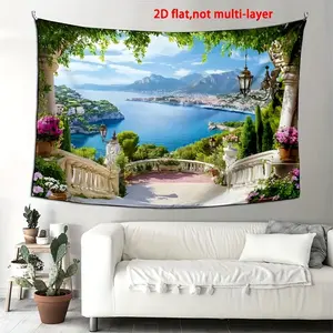 1pc 2D Flat Backdrop,  Polyester Backdrop Cloth Party Banner Scenic View of Coastal City From Terrace 39x59/51.18x59/70.8x90.5 inch