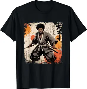 Vintage African Samurai Afro American Bushido Warrior Katana T-Shirt Pure Cotton Graphic Tees Menswear Top: Gifts for Men & Women