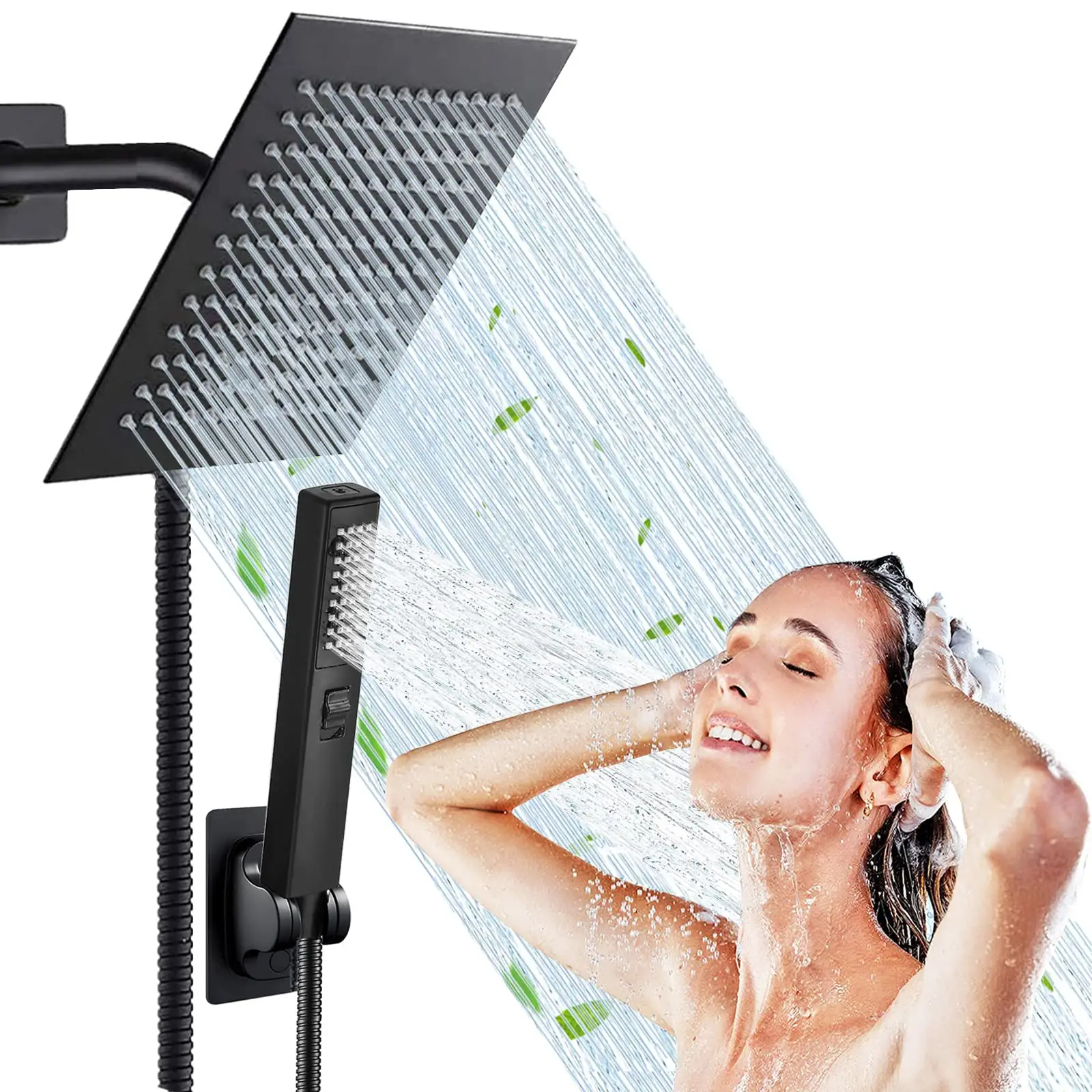 Shower Head 8'' Rainfall Stainless Steel 2-in-1 Hand Shower.Equipped with 78"Hose 3 Way Diverter Valve 2 Settings Handheld Shower Combo with Shower Ho