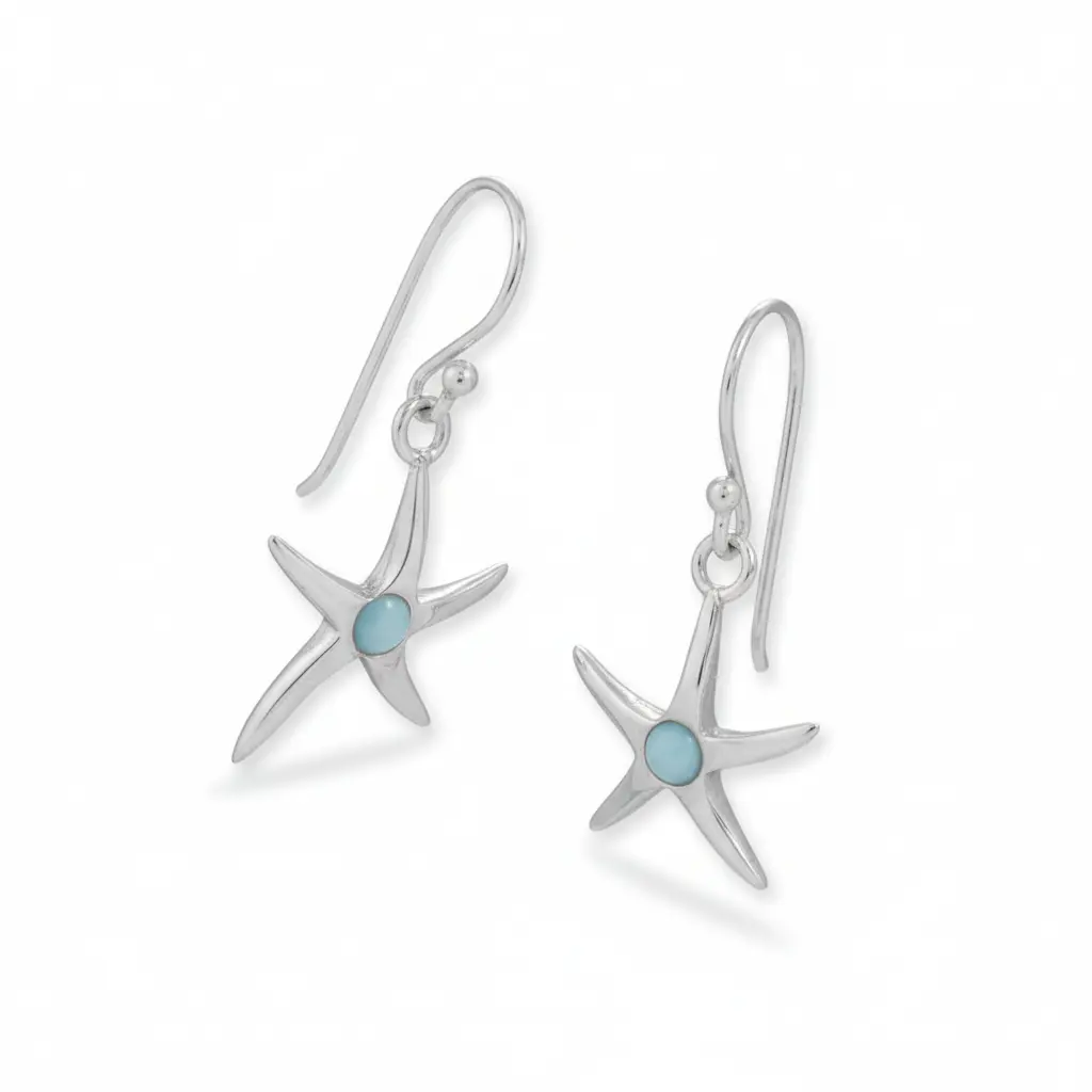 Larimar Starfish French Wire Earrings Rhodium Plated 925 Sterling Silver 29mm
