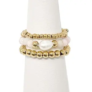 Rose Quartz and Pearl Hematite Triple Ring Stack