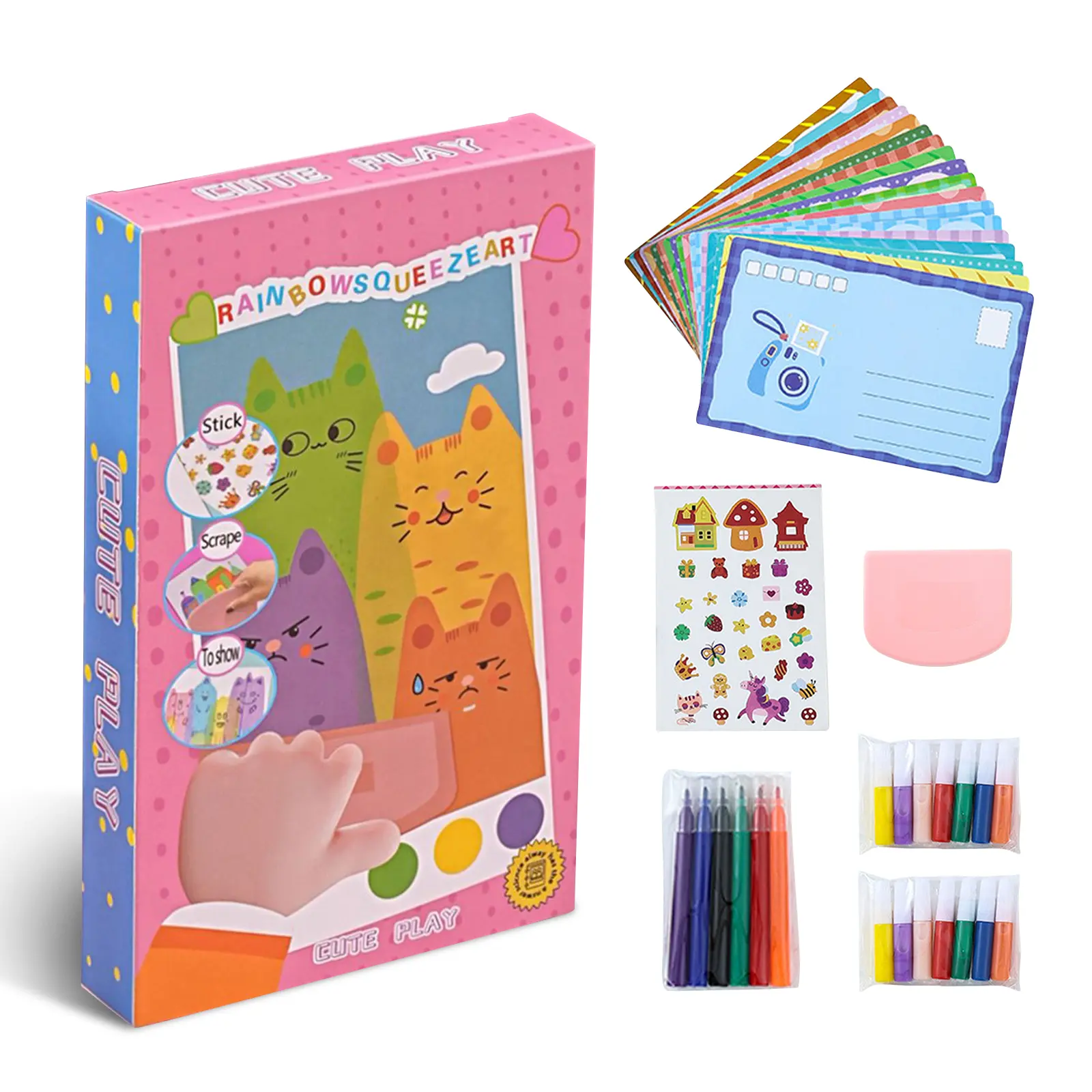 [Double-Pigment Pen] Rainbow Squeeze Art Kit - Creative Scratch & Color Art Set for Kids with 20 Drawing Papers 14Acrylic Paints 6 Watercolor Pens 1 Sticker Sheet & Squeegee Board Perfect for DIY Art & Gifts