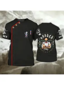 2026 New Chinamaxxing Trendy Men's Barber Uniform Pattern 3D Print T-Shirt, Unisex Style, Faux Suit T-Shirt, Harajuku Style, Casual, Loose, Breathable T-Shirt