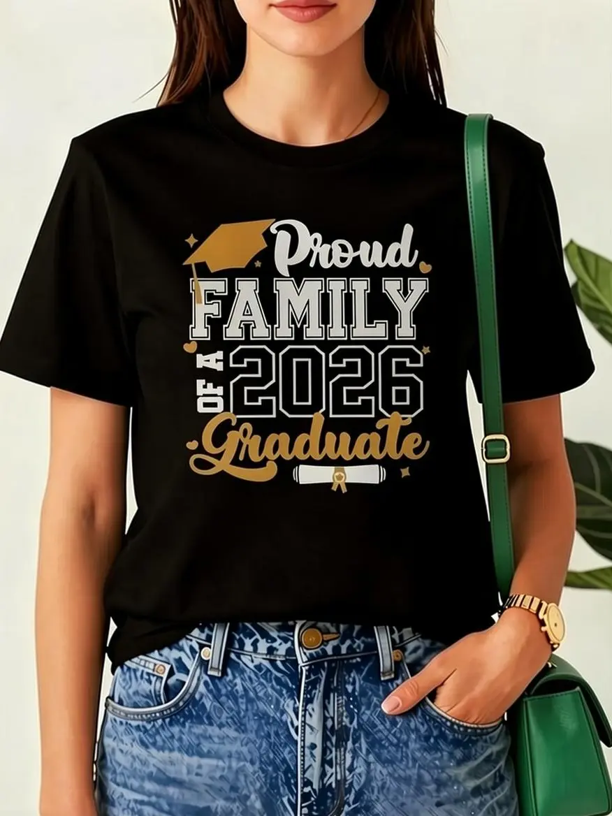 Women's 2026 Graduate Senior Class T-Shirt - Unisex Short-Sleeve Crew Neck, 2025 Summer 180G Pure Fabric, Digital Print Proud Family Design, Vintage Style Regular Fit All-Season Comfortable Top summerwins