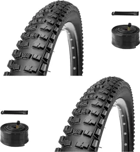 Mountain Bike Tires Set: 2-Pack 16/20/24/26x2.125 inch Folding Replacement High-Density Bicycle Tires and Pair Inner Tubes with Tire Levers Compatible with MTB Off-Road Bike
