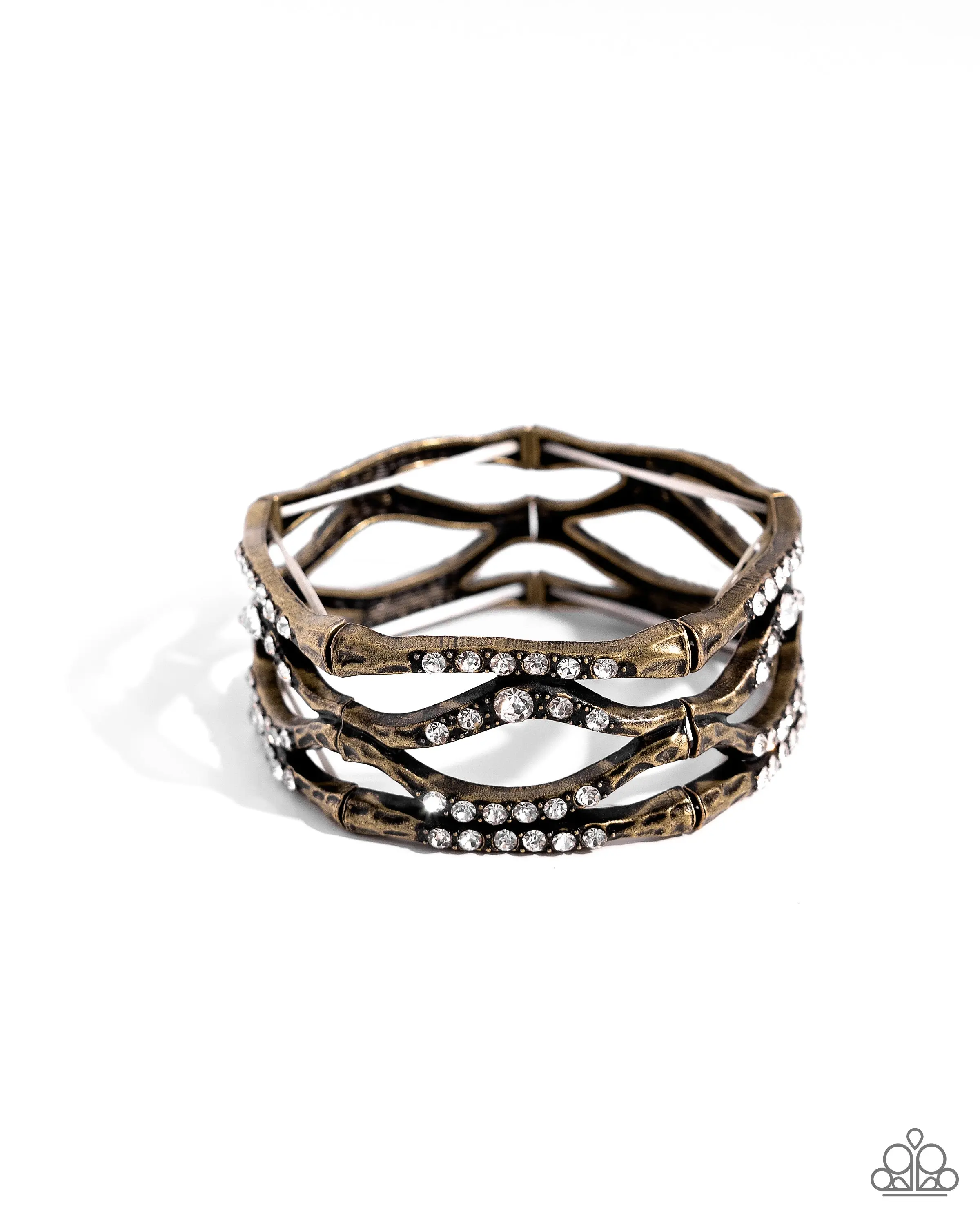 Cross Country - Brass White Rhinestone Stretchy Bracelet - Paparazzi