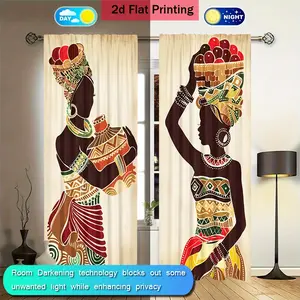 2 Piece African Indian Culture Print Curtains, Multifunctional Filtering, Rod Pocket Hanging, Hand Washable, Retro Design, Window Curtain