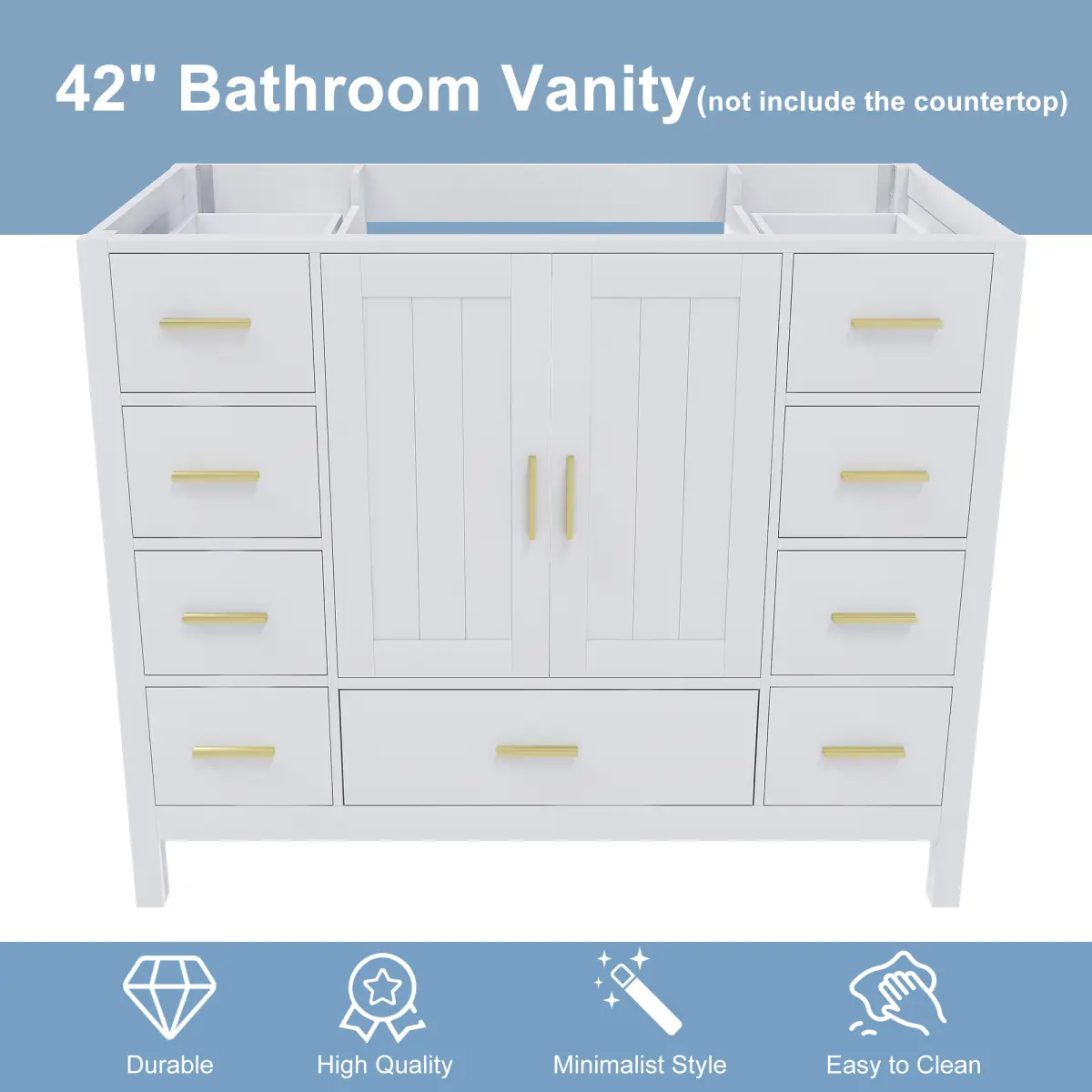 42" Bathroom Vanity Base Cabinet with 2 Soft-Close Double Doors & 9 Smooth Drawers with Slides(White)