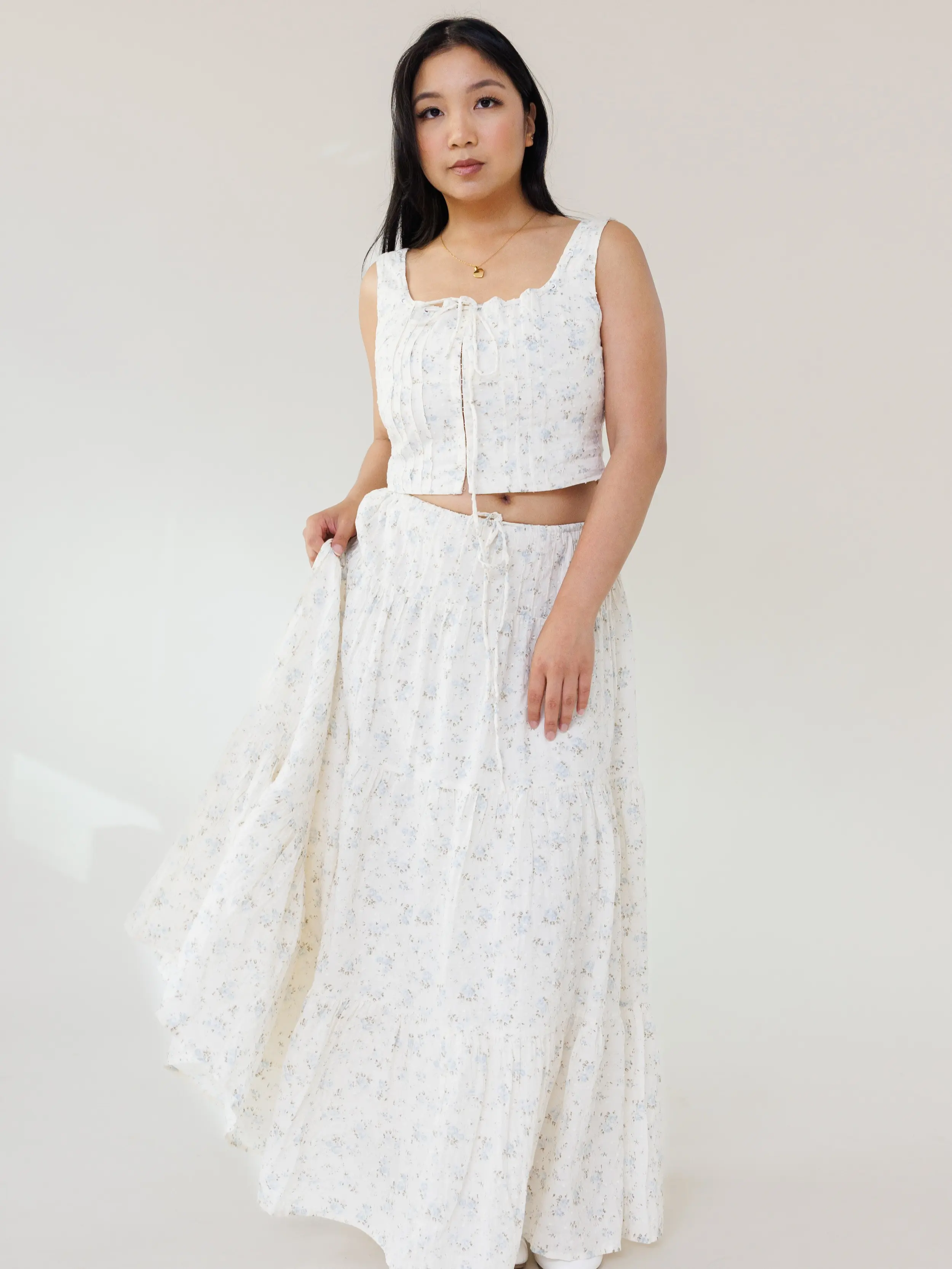 Letters from Paris Set -white and blue floral two piece summer outfit set corset top tiered maxi skirt coordinates trendy womenswear
