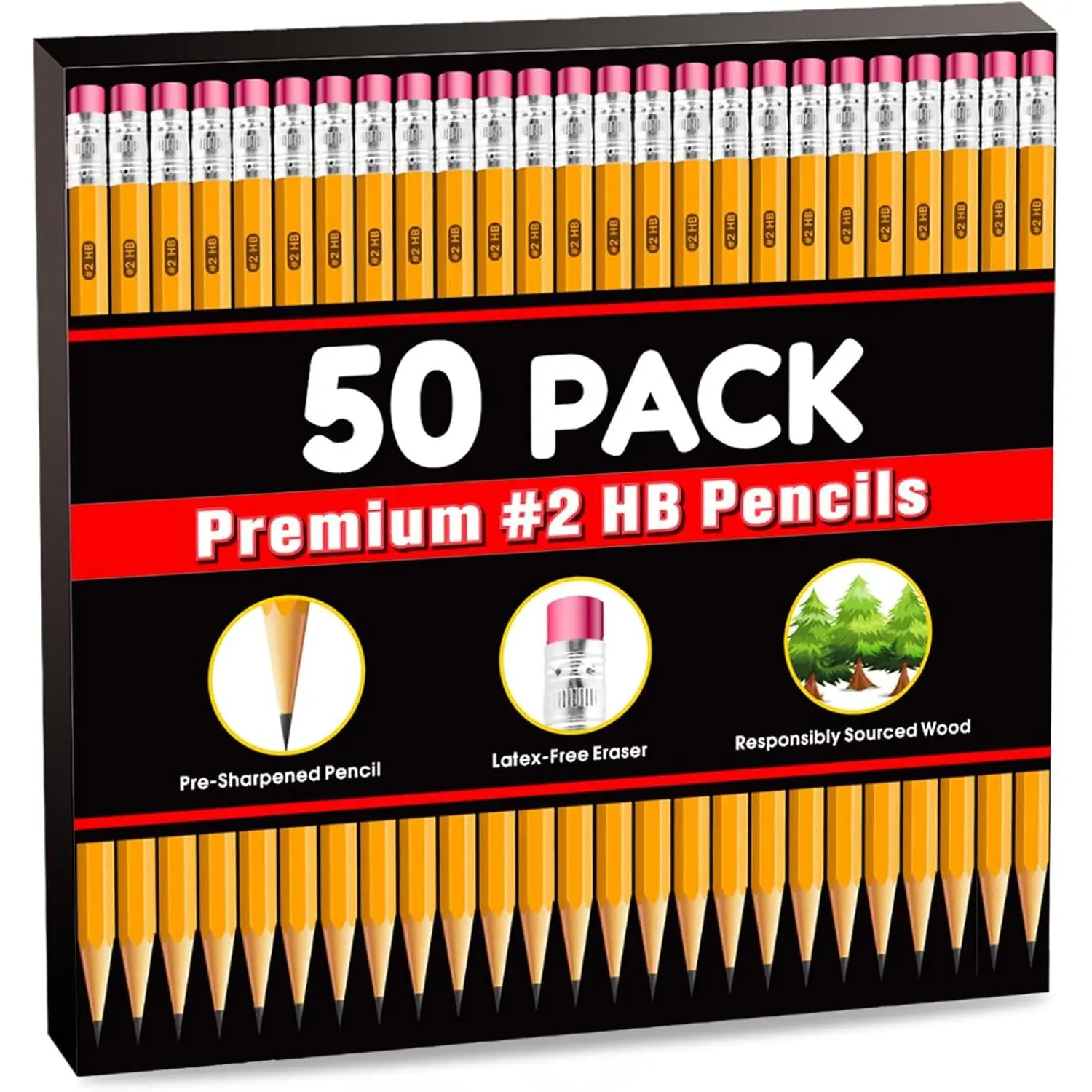 50 Pack 50 Count #2 HB Graphite Pencils, Cased Bulk Pre-sharpened with Eraser Tops, Yellow Writing Drawing Pencils for Adults, Family, Office School Supplies