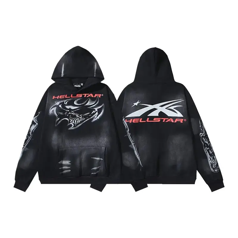 Hellstar Y2K Gothic Hoodie – Red Tribal Graphic Pullover, Hip Hop Streetwear Sweatshirt, Retro Casual Standard Fit
