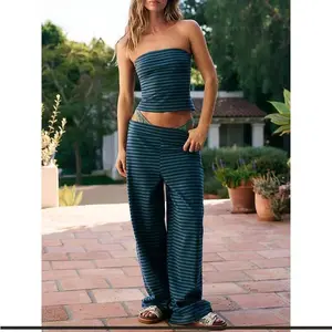Womens Striped Two Piece Sets Summer Lounge Outfits Sailor Crop Tube Top And Striped Wide Leg Pants Matching Set Beach Vacation Travel Y2k Lounge Setx Green Sleeve
