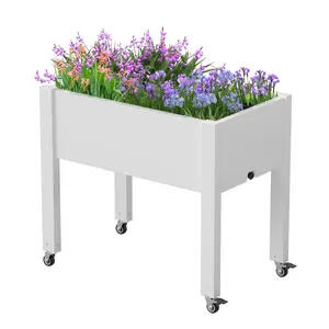 Raised Garden Bed with Wheels - Outdoor Mobile Elevated Resin Planter Box with Drainage Valve for Vegetables Flower Herbs , White