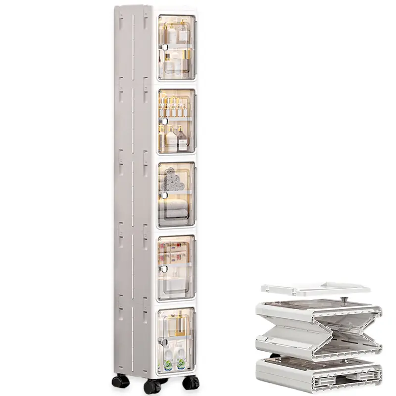 Classic 5-Tier Tall Narrow Eco-Friendly Freestanding Plastic Bathroom Storage Cupboard - Modern Vertical Indoor Storage Furniture with Transparent Dustproof Doors, Shelves, Compartments, Collapsible Square Bins, Wheels for Small Rooms