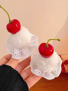 2 Pcs Women's Sweet Cute Cherry Cake Pompon Hair Clips, Lace Trim Design, Lolita Style, Atmosphere Hair Accessories