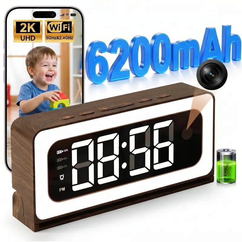 2K Smart Indoor Hidden Clock Camera, 6200mAH,Nanny Cam, Indoor Security Camera for Home, 5G & 2.4G WiFi, Full Color Night Vision, Motion Detection Alerts, Alarm Siren, Local SD Storage, Wood Grain Design
