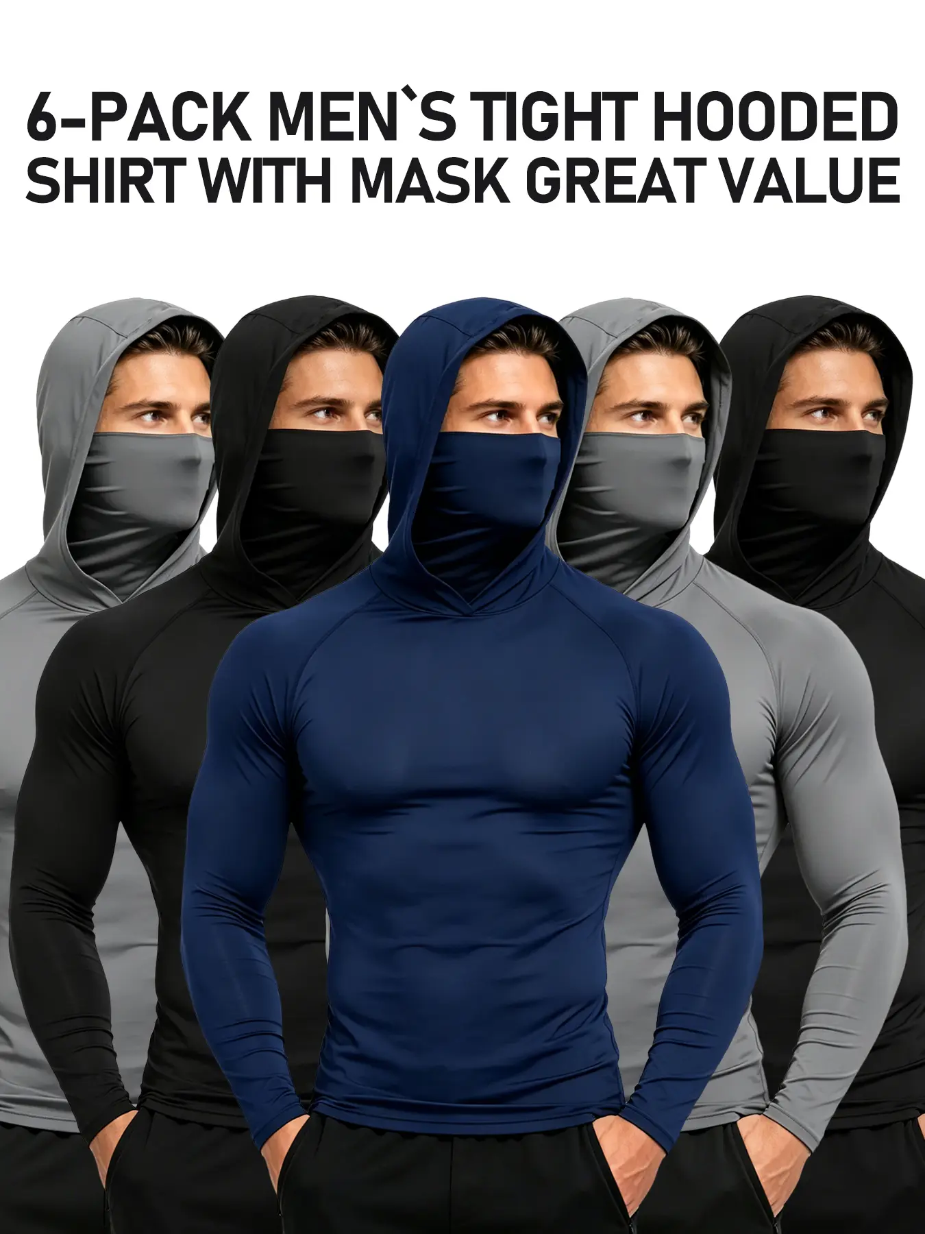Men's Hooded Athletic Shirts 6-Pack, Long Sleeve Stretch Fitness Apparel with Integrated Face Mask for Running & Outdoor Sports, Athletic Clothes, Male, Biking, All Seasons