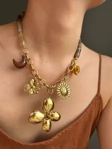 Vintage Stainless Steel Flower Sun Resin Moon Pendant Necklace, High Quality Party Jewelry Gift for Women