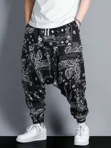 Paisley Print Baggy Harem Pants | Bandana Pattern Drop Crotch Joggers | Streetwear Hip Hop Trousers | Unisex Casual Fashion