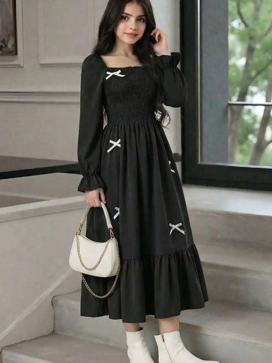 Teen Girls Elegant Black White Midi Dress, Square Neck Puff Sleeve Bowknot Pleated Party Autumn Dress