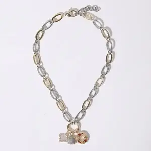 CLOVER 3-Pendant Costume Necklace - Gold, Silver Textured Links, Crystal Medallion, Floral Charms, 17in Adjustable Length + 2in Extender - Everyday, Special Occasions Jewelry