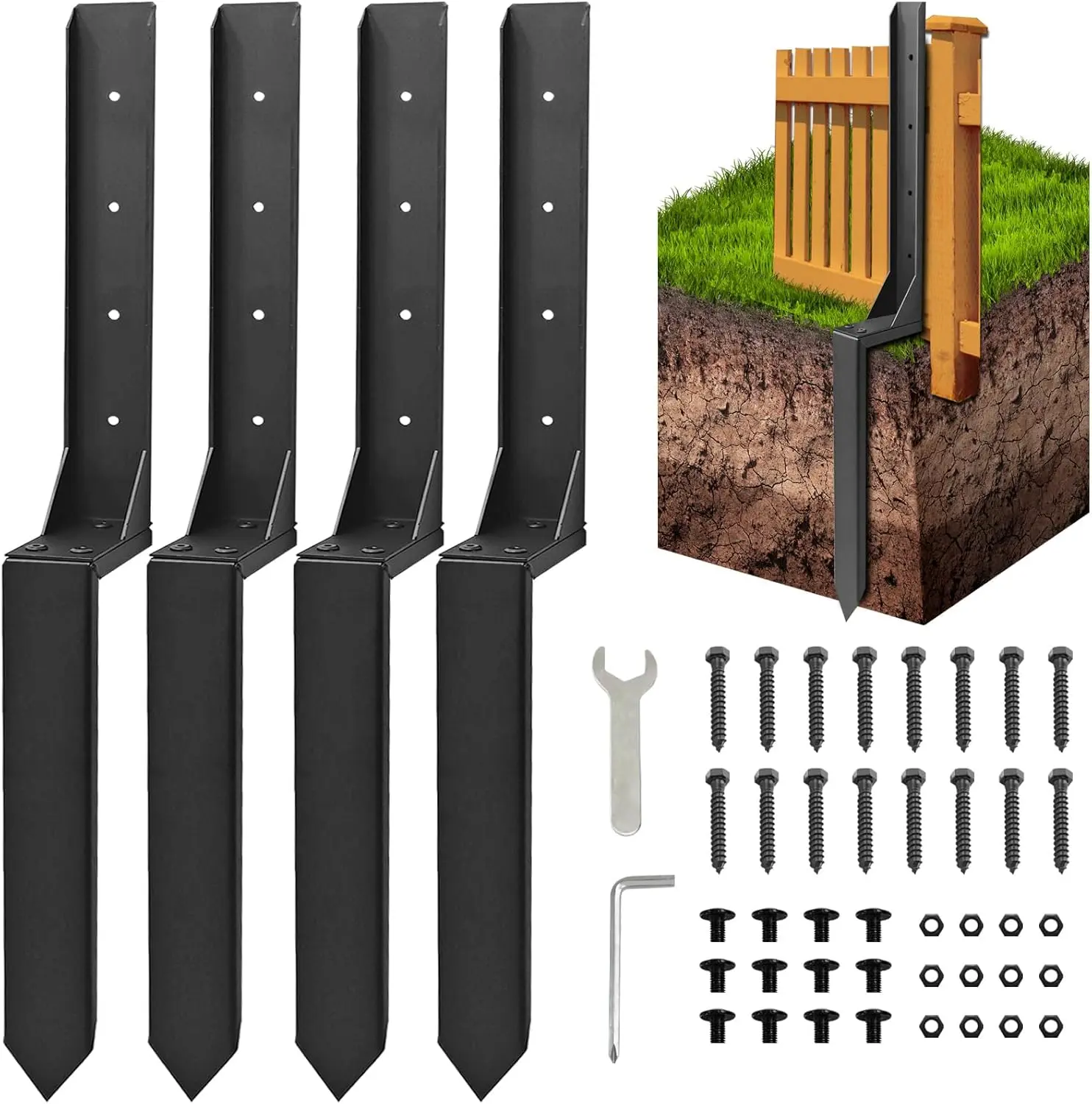 Fence Post Anchor Repair Kit, Heavy Duty Steel Fence Post Support Stakes, Anchor Ground Spike for Repair Tilted, Broken Wood Fence Post