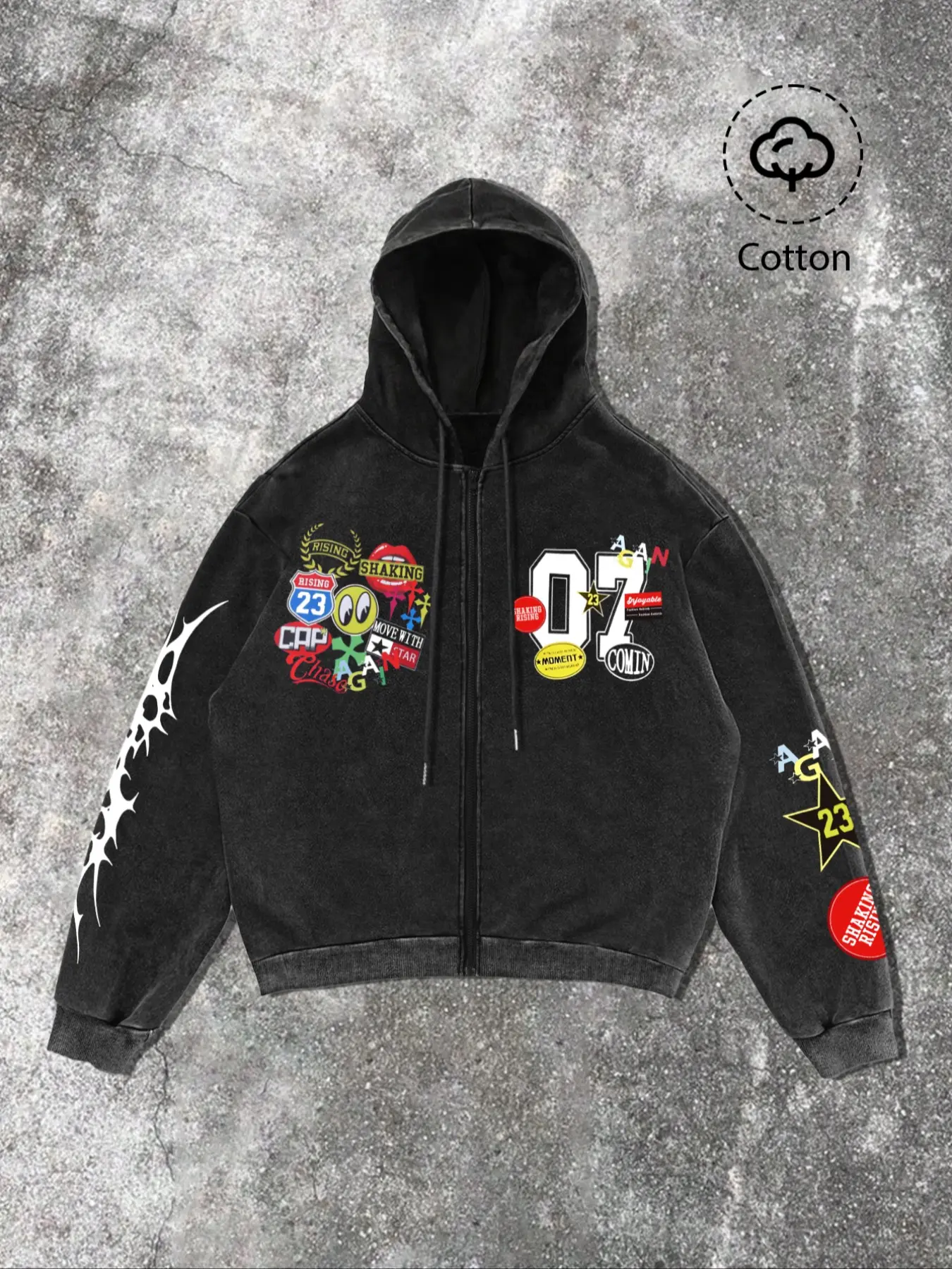 Men's Cotton Zip Long Sleeve Hoodie with Graphic Patchwork Print, Vintage Fabric, Street Style Casual Wear, Trendy Daily for Cool Guys, Streetwear Hoodie