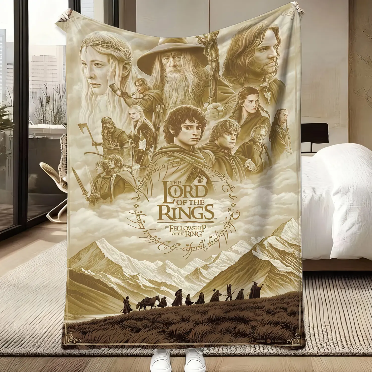 The Lord of the Rings Throw Blanket, Soft Flannel, Fellowship of the Ring Collage Print, Cozy Warm Lightweight Blanket for Sofa Bed Couch, All Seasons Use, Fantasy Room Decor, Perfect Gift for LOTR Fans, Bedding for Teens & Adults, Great for Movie Nights