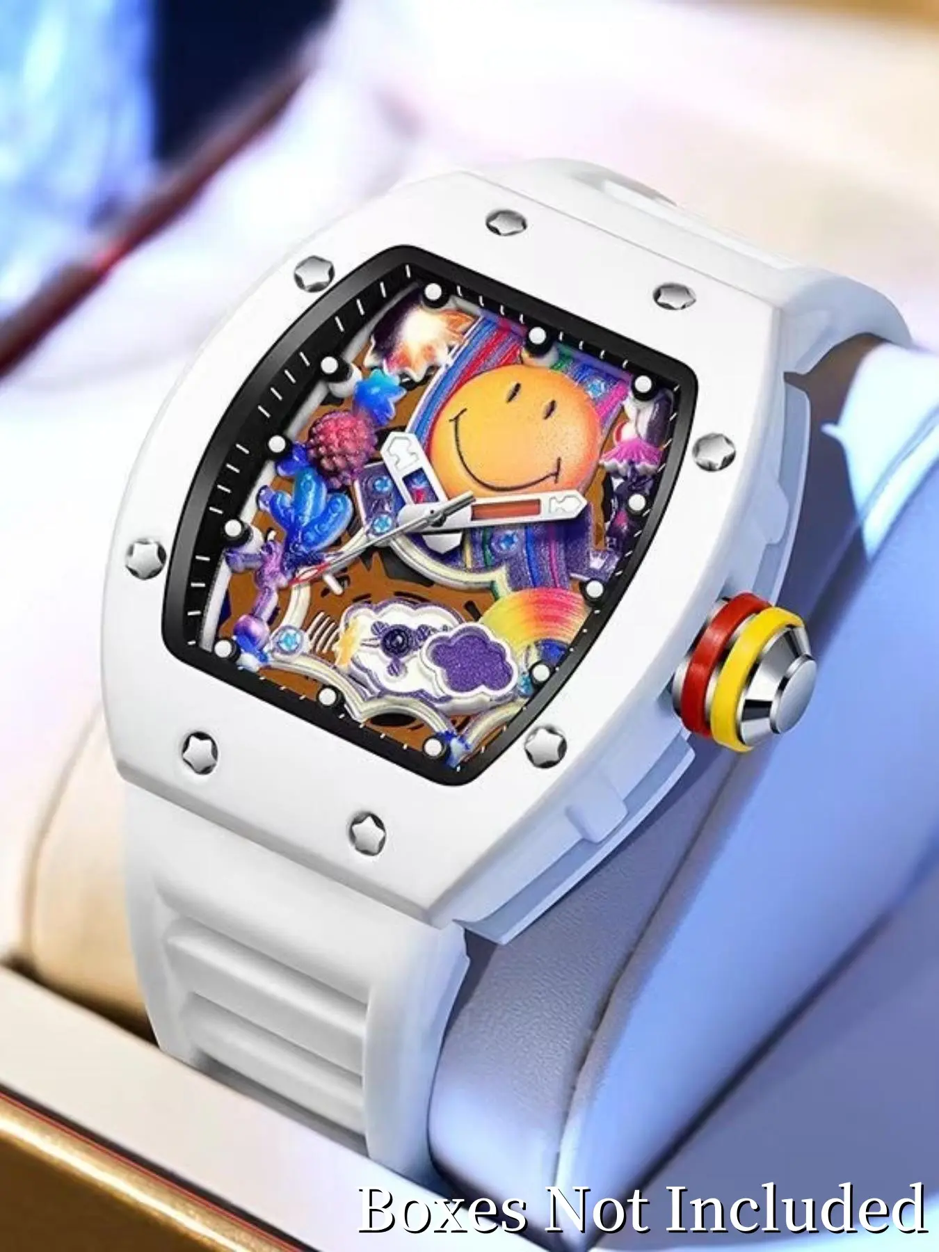 Streetwear Brand Smiley Graffiti Watch, Barrel Shape Case Design, Silicone Sport Band, Unisex Trendy Wristwatch, Quartz Wristwatch, Fashion Quartz Watch