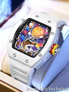 Streetwear Brand Smiley Graffiti Watch, Barrel Shape Case Design, Silicone Sport Band, Unisex Trendy Wristwatch, Quartz Wristwatch