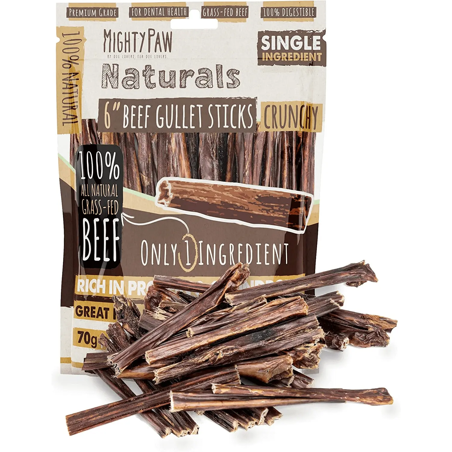 Mighty Paw Natural Beef Gullet Chews for Dogs - 6 Inch Sticks (30 Pack) - Allergy-Friendly, Grain-Free, High in Protein