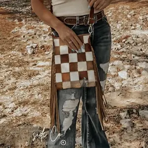 Stockdale Checkered Cowhide Fringe Purse