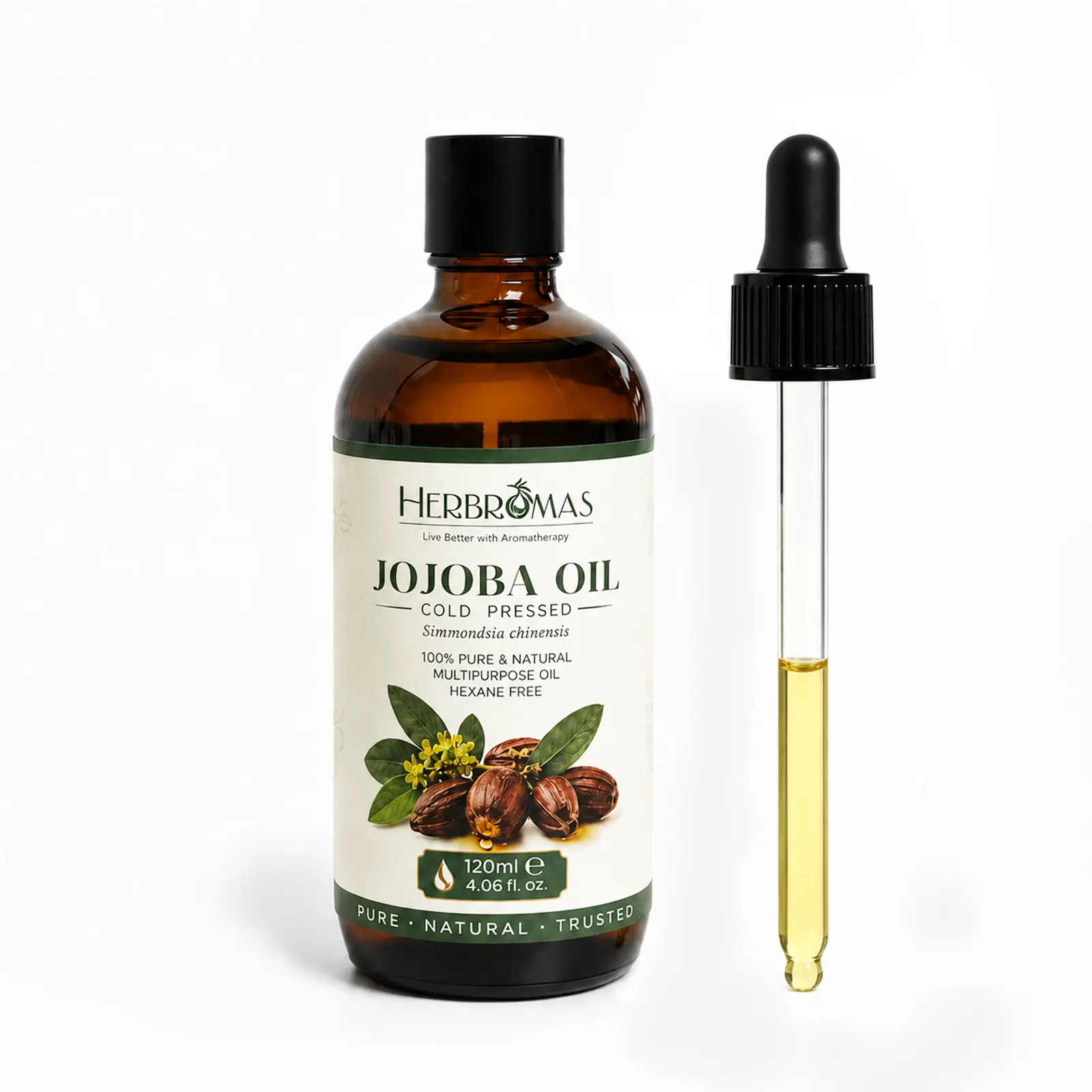 HERBROMAS Organic Jojoba Oil 4.06 fl oz (120ml) | 100% Pure Cold Pressed Carrier Oil for Face, Hair, Skin & Nails | Lightweight Moisturizing Body Massage Oil, Hexane Free high quality gloss