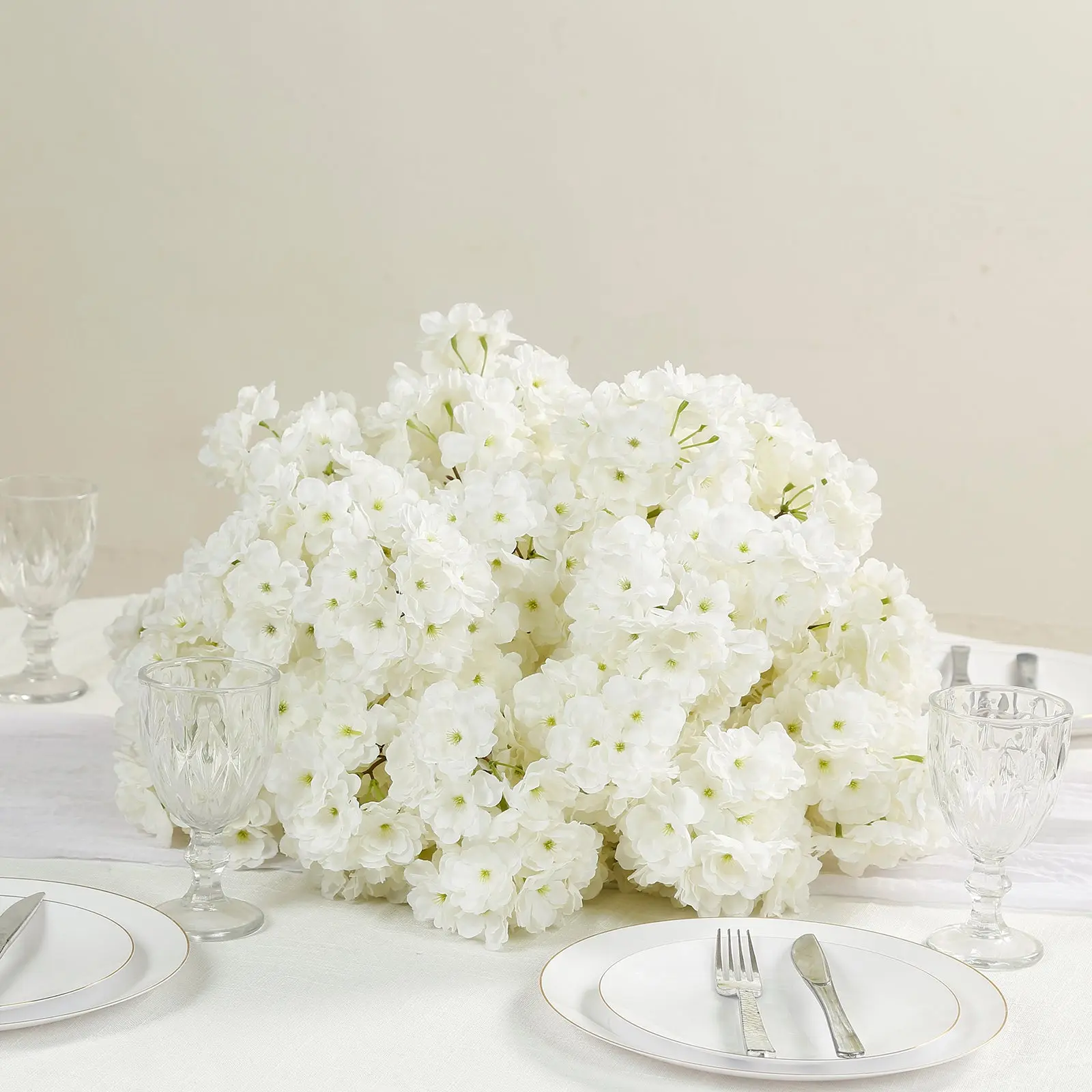 20" Pre-Arranged Artificial Cherry Blossom Centerpiece - White Silk Flower Ball Home Supplies, Artificial Plants Decor, Floral Decor for Wedding, Baby Shower Tables, Flowers