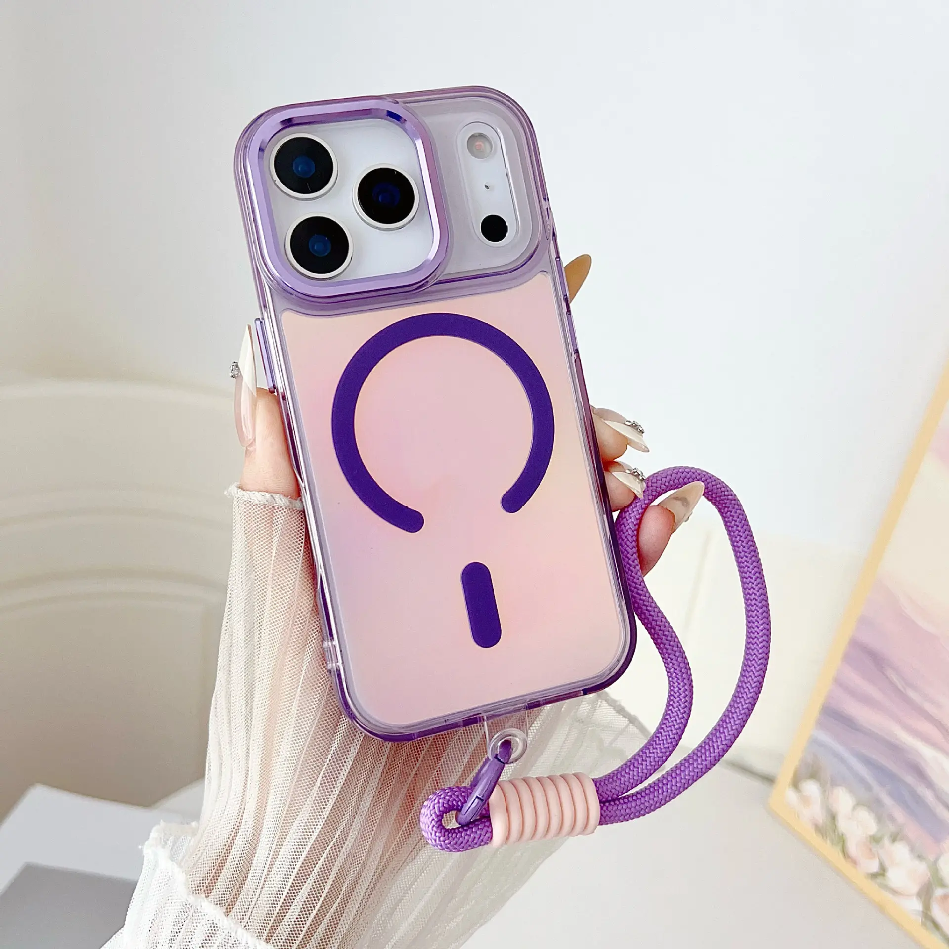 Glossy Chameleon Acrylic TPU Protective Casing for iPhone 17 Pro Max (IP17ProMax) - Customized Detachable Magnetic Shockproof Cover with Pink Magnetic Lanyard, Handheld Screen Protector, Waterproof Outdoor Accessories, Outdoors