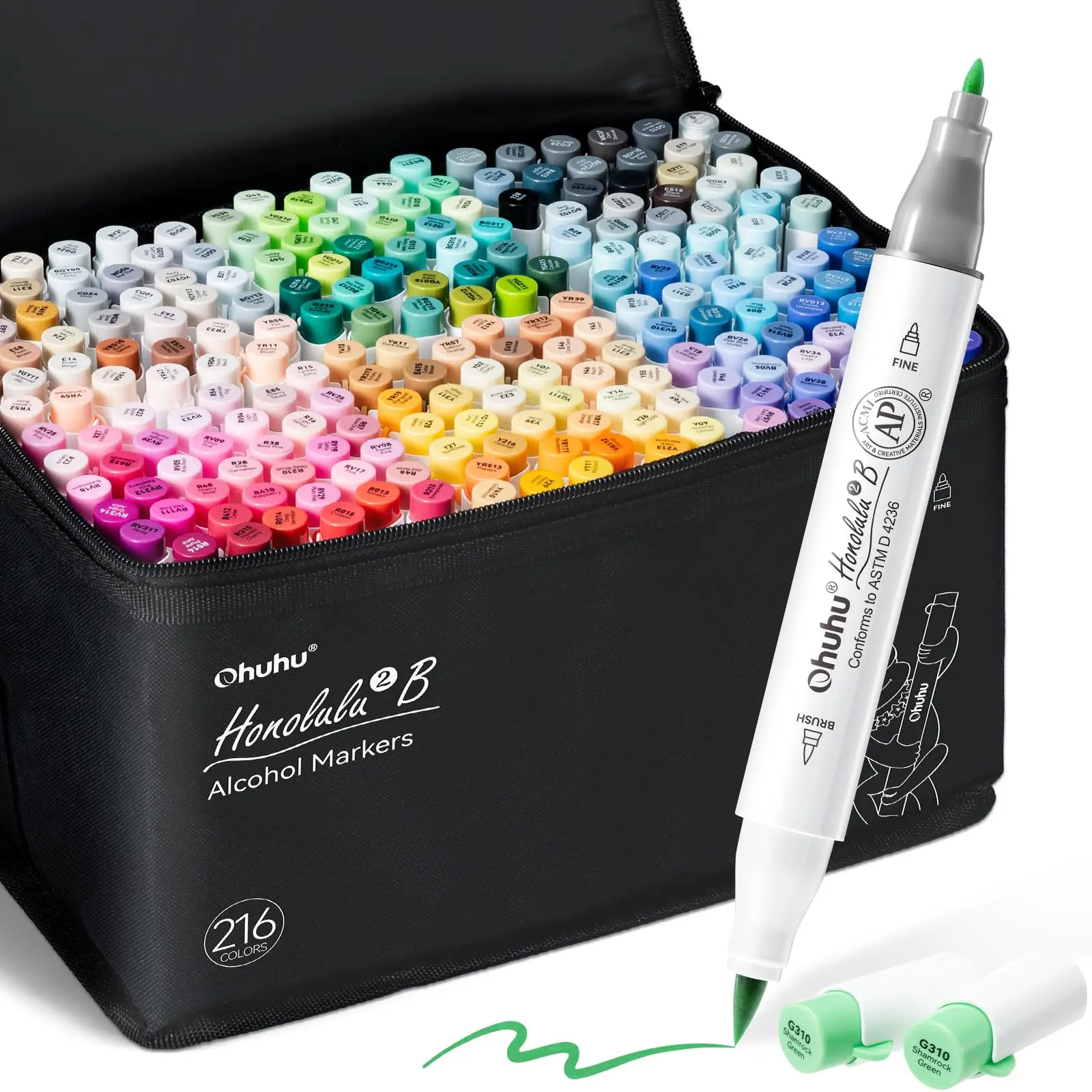 Ohuhu Alcohol Markers: Brush & Fine / Chisel / Soft Chisel - 216 Colors for Artists Adults Cozy Coloring Brush Tip Art Marker Set for Beginners Sketching Illustration, AP Certified Refillable Alcohol-based Ink, Honolulu 2 & 2B & 2S