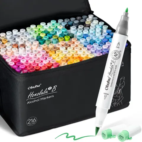 Ohuhu Alcohol Markers: Brush & Fine / Chisel / Soft Chisel - 216 Colors for Artists Adults Cozy Coloring Brush Tip Art Marker Set for Beginners Sketching Illustration, AP Certified Refillable Alcohol-based Ink, Honolulu 2 & 2B & 2S