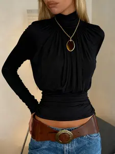 Elegant High-Neck Ruched Slim Fit Long Sleeve Top, Solid Color Fashion Knitwear for Women, Spring & Fall Commuter Wear