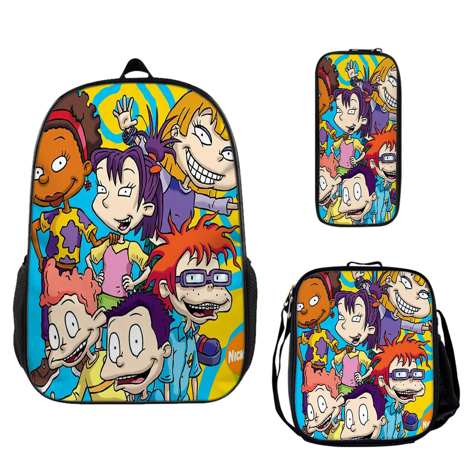 Rugrats Cartoon Faces Character Print 3-Piece Large Capacity Backpack Set - Unisex Casual Zipper Back to School Haul Bag with Insulated Box, Pencil Pouch, Anime Backpack for Teens, Lightweight Travel Daypack Birthday Gift c-205, First Day Of School