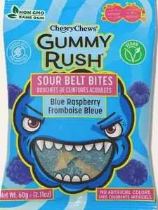 CheeryChews Gummy Rush Sour Belt Bites Blue Raspberry Non-GMO Vegan Egg-Free Soy-Free Peanut-Free Fish-Free Shellfish-Free Sesame-Free Candy Snack Sweet