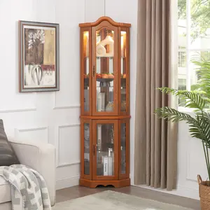 Bellemave Lighted Corner Curio Cabinet with Tempered Glass Doors, Elegant Oak Display Storage for Living Room and Bedroom Decor