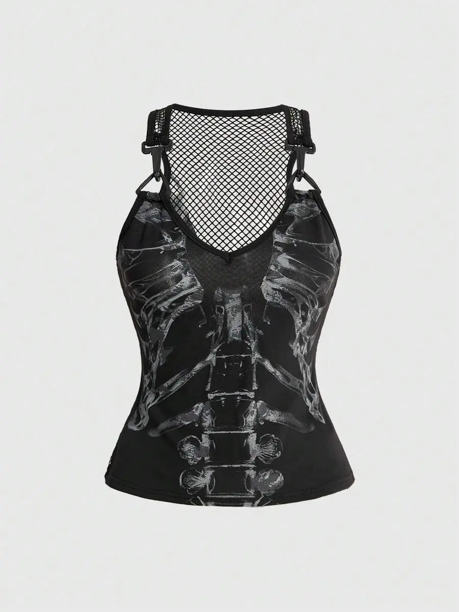 VELORA x Goth Dark Skeleton Print Mesh Patchwork Tank Top